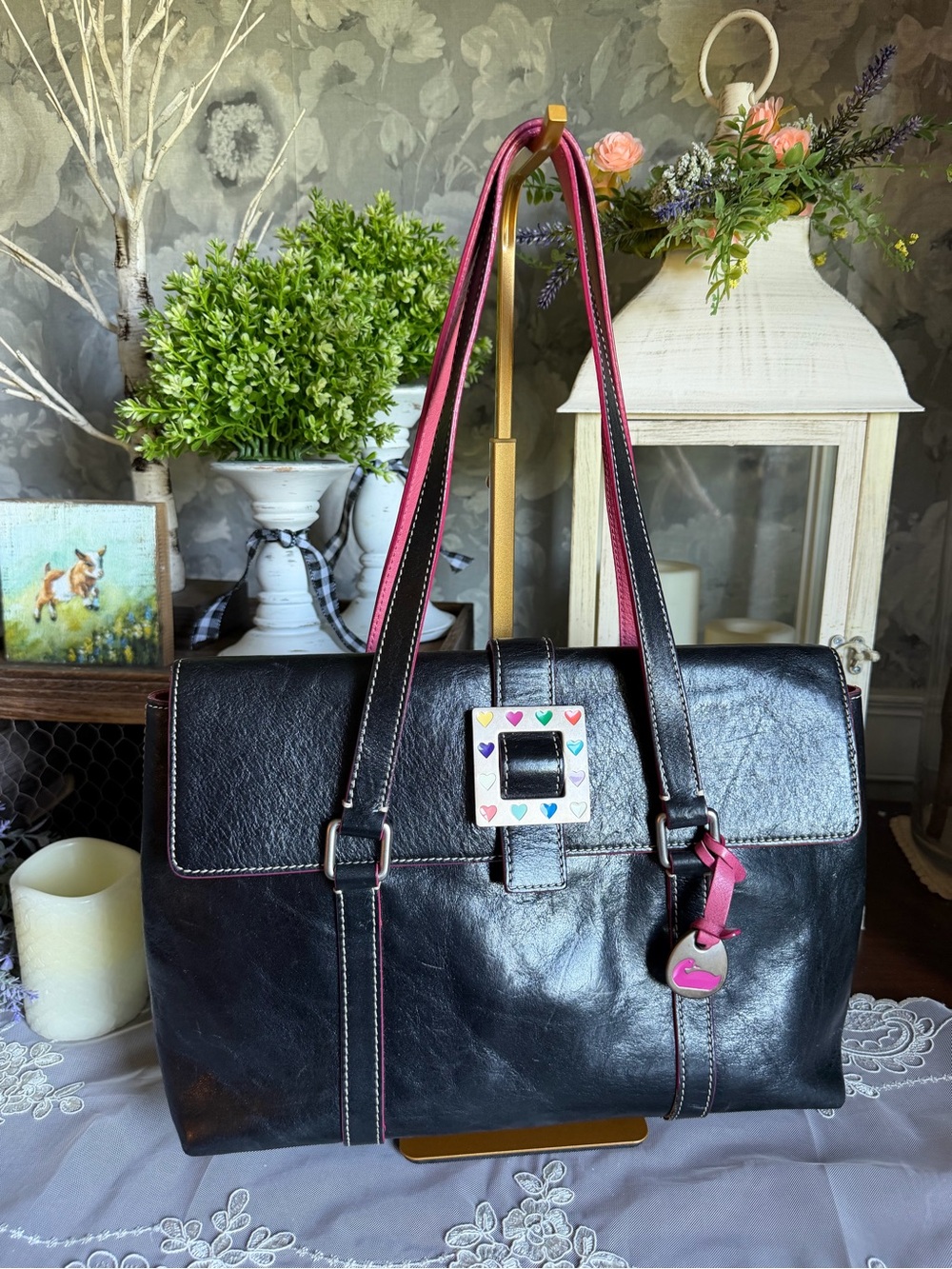 Y2K Dooney & Bourke Black & PInk Leather Square Hearts Flap Tote Bag Purse